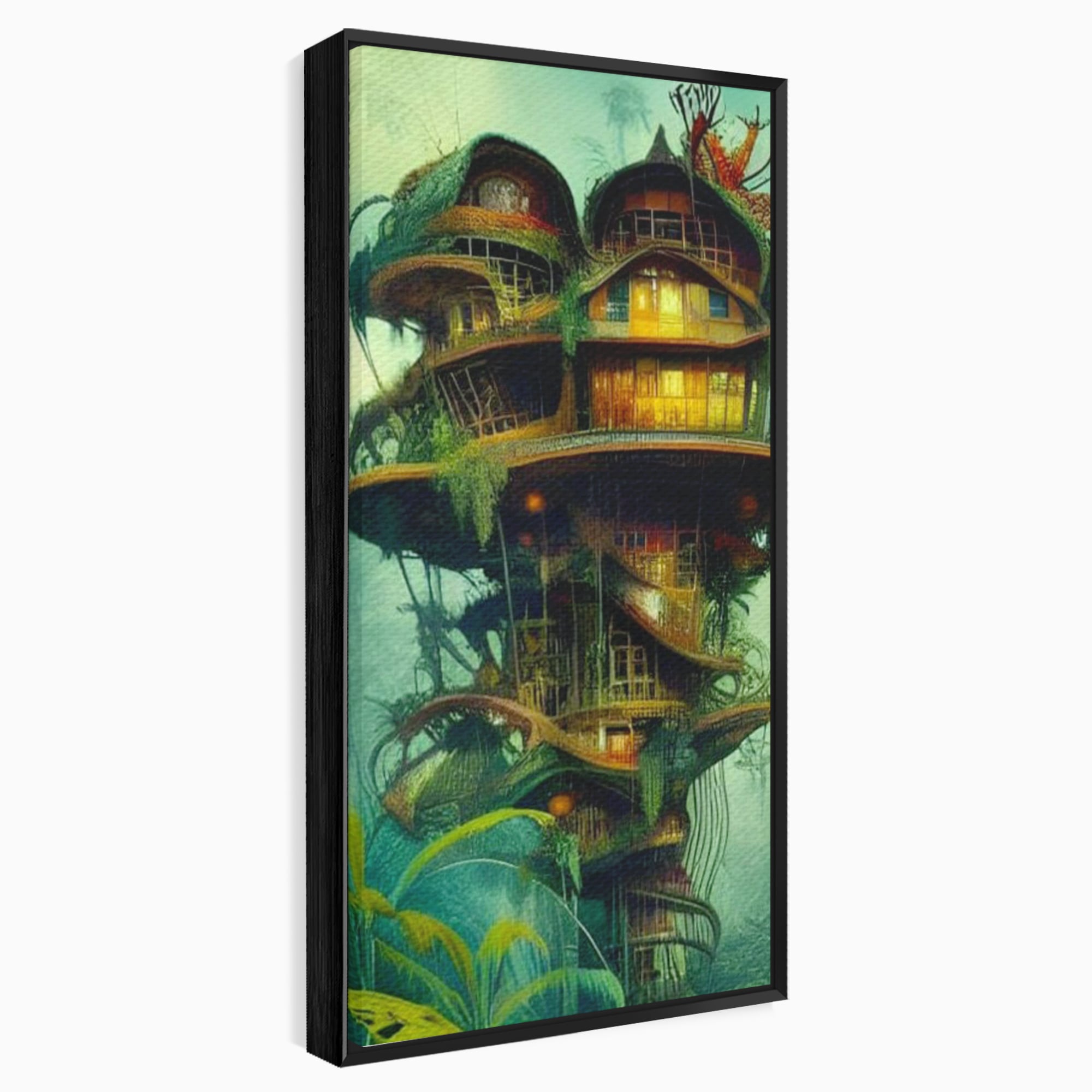 Tablou canvas cu ilustratie digitala cu turn in copac, in rama de aluminiu negru